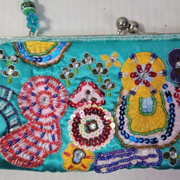 Turquoise Hand Beaded & Embroidered Floral Satin Clutch Purse With Beaded Handle - Picture 2 of 8